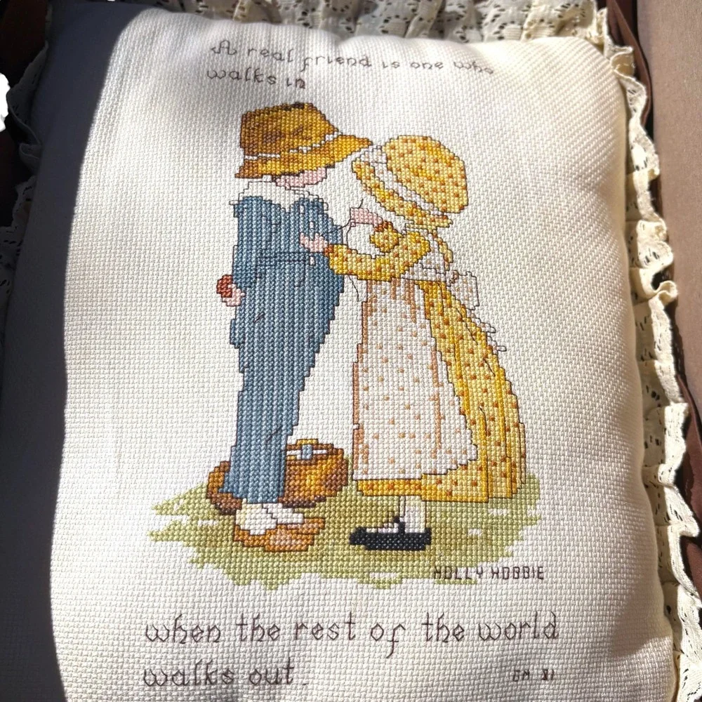 Vintage Holly Hobbie Cross Stitch Pillow Ruffle Lace Friendship 1981 Brown Cream